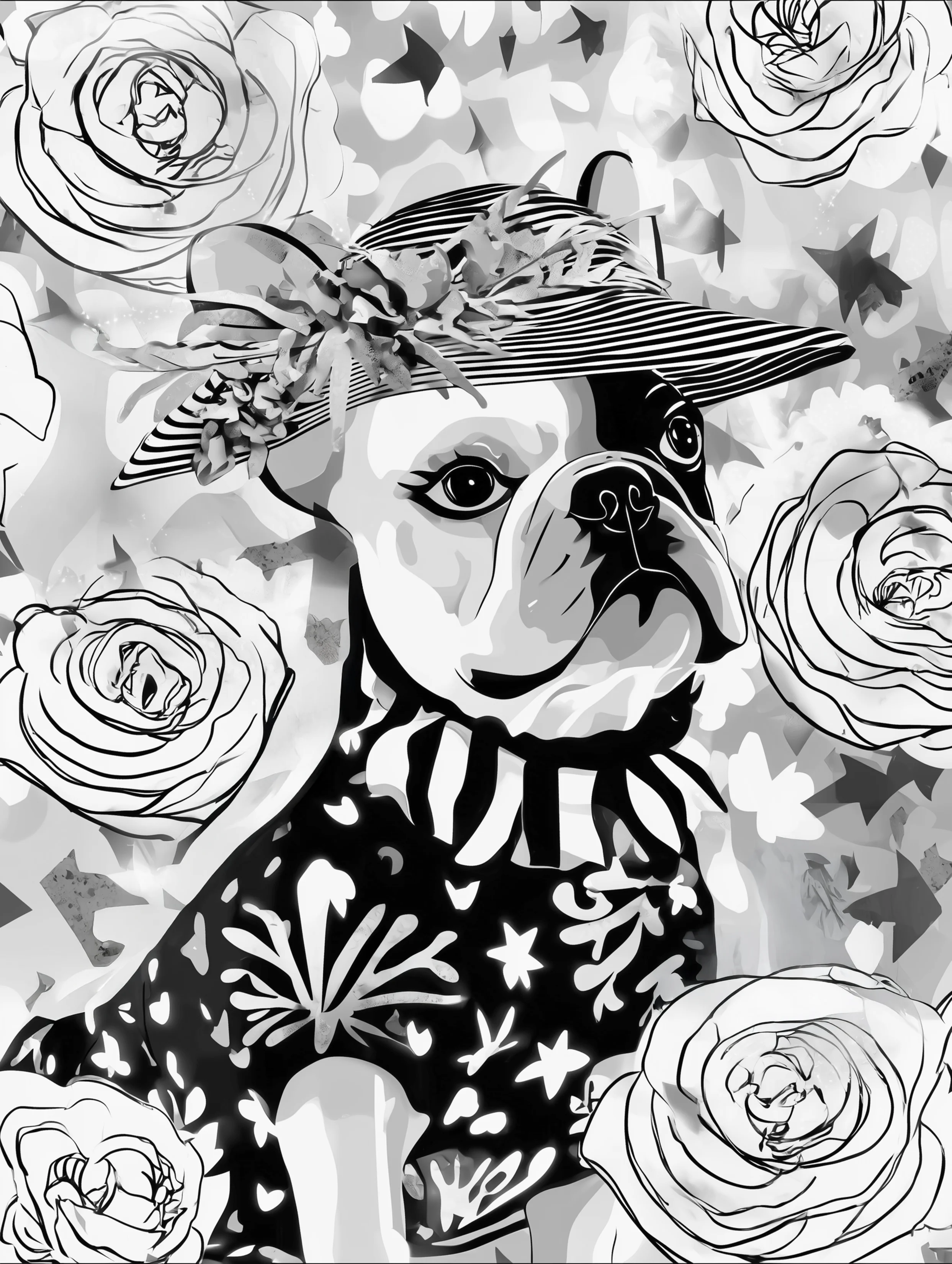 Free printable french bulldog coloring page featuring a frenchie wearing a sun hat
